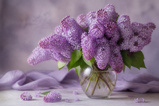 A bouquet of purple lilacs is displayed in a glass vase on a light-colored surface with a draped lavender cloth in the background.