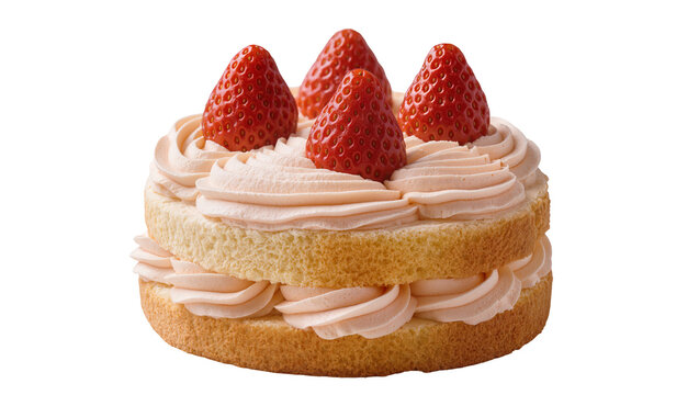 Layered sponge cake with pink frosting and fresh strawberries