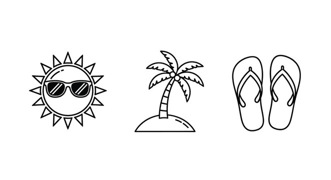 Summer Icons Sun Palm Tree And Flip Flops In Black Line Style