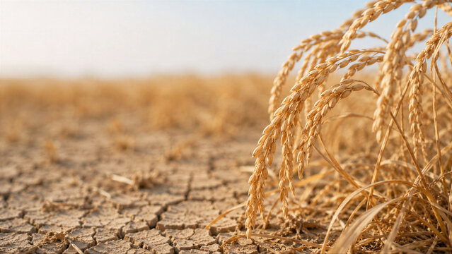 Wheat stalks growing in cracked earth during severe drought. Agricultural field suffering from lack of water and heat. Concept of global warming, climate change and food insecurity.