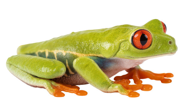 Green red-eyed tree frog with orange feet and large eyes