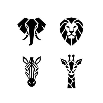 Elephant, lion, zebra, and giraffe minimalist geometric animal head vector set