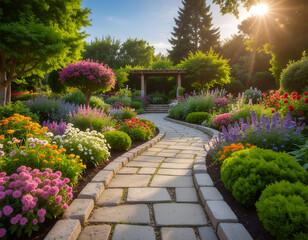 Obraz premium A winding stone path leads through a vibrant and meticulously landscaped garden bathed in the warm glow of the setting sun.