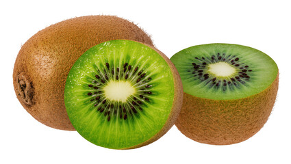Fototapeta premium Whole and halved kiwi fruits showing vibrant green flesh and black seeds