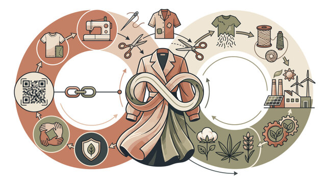 The sustainable fashion design process begins with eco-friendly materials and production methods illustrated through a detailed infographic for an environmentally conscious audience.