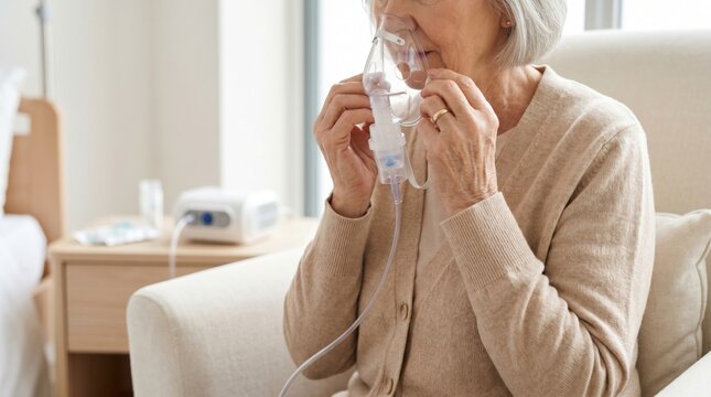 Senior woman using nebulizer mask for respiratory treatment. Patient receiving inhalation therapy at home. Medical equipment for asthma and chronic lung disease management. Healthcare concept.
