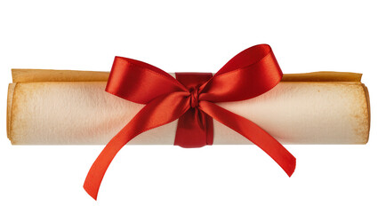 Fototapeta premium Rolled parchment scroll tied with red satin ribbon bow