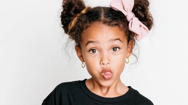 Petite fille espi&egrave;gle avec des buns et un n&Aring;&ldquo;ud rose fait la moue