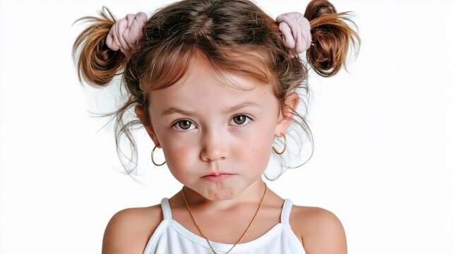 Petite fille aux couettes brunes avec une expression boudeuse et d&eacute;termin&eacute;e