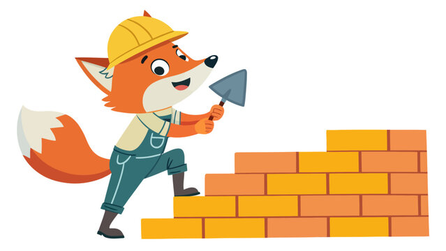 Cartoon fox bricklayer constructing colorful brick wall with trowel
