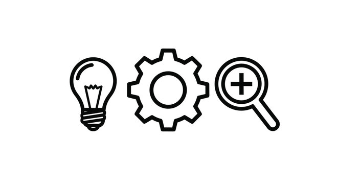Light Bulb Gear And Magnifying Glass Flat Icons On White Background