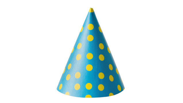 Blue party hat with yellow polka dots