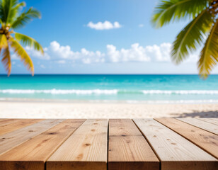 Fototapeta premium A serene tropical beach scene with turquoise water and a wooden deck, framed by lush palm leaves, evokes a sense of relaxation and paradise.