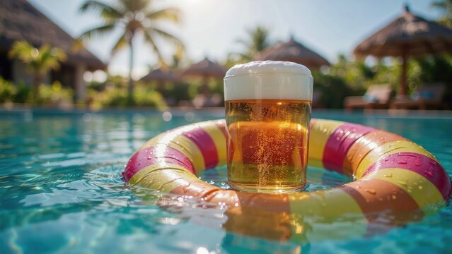 Glass of beer floating on an inflatable ring in a swimming pool on a sunny tropical day
