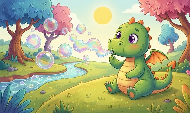 Cartoon Dragon Blowing Bubbles