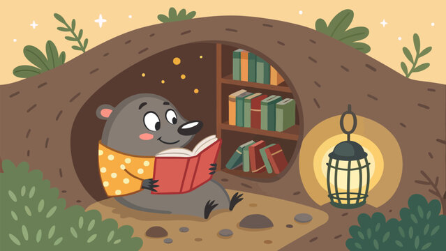 Cute cartoon mole reading a storybook in a cozy underground burrow with bookshelf and lantern light in a charming flat vector illustration for children