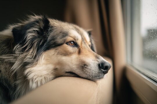 Sad dog by sunlit window waiting for its owner in a cozy living room