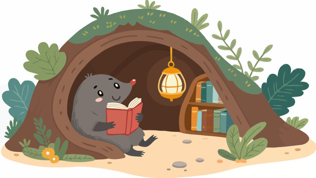 Cute cartoon mole reading books in a cozy underground burrow with a glowing lantern and bookshelf illustration for childrens storybook