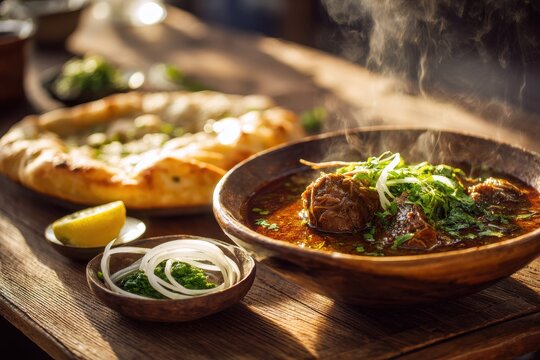 Savory nihari curry with bread side dish in a hearty combo meal on a warm surface