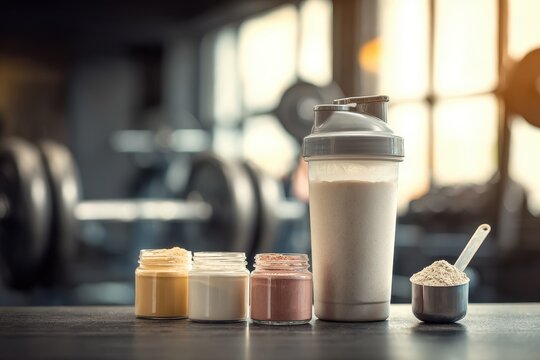 Shaker bottle with protein powder and BCAA supplements on a gym bench
