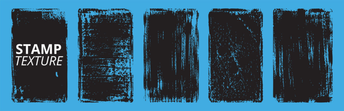 Set of grunge stamp textures, rectangular ink frames, distressed vector overlays, rough brush strokes, vintage border elements for design