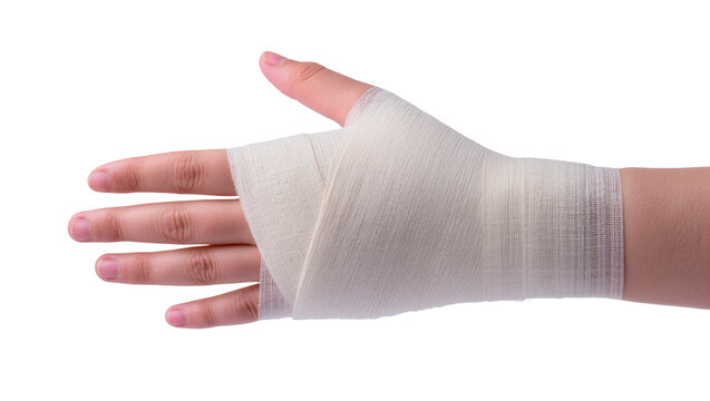 Hand wrapped with white elastic bandage for support and protection