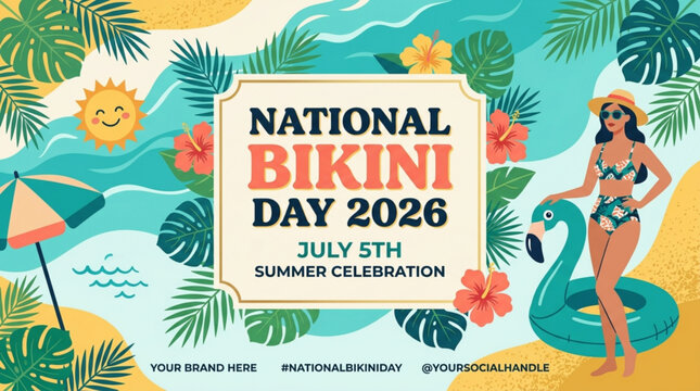 National Bikini Day 2026 illustration featuring a woman in a bikini with a flamingo float tropical leaves and beach elements celebrating summer vacation and fashion
