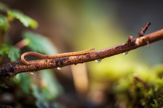 Soft forest light captures an inchworm on a twig in a detailed nature close-up