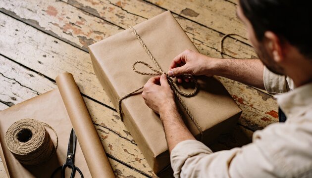 Man wrapping large gift box with rope and postal theme workspace with tape and paper on desk