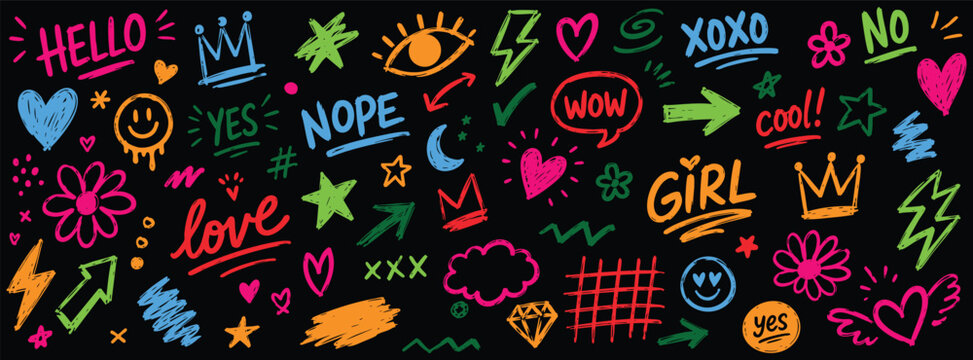 Set of colorful handdrawn doodle elements, graffiti style icons, symbols, and words on a black background