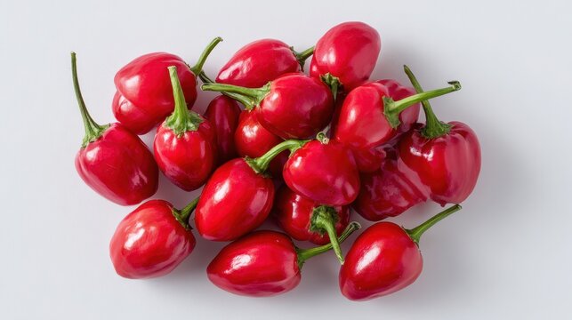 Studio portrait of a pile of bright red mini sweet peppers on a white background