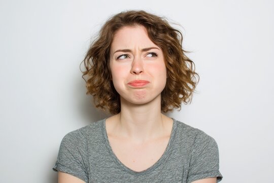 Studio portrait of an adult woman displaying cringe and discomfort against a clean white backdrop