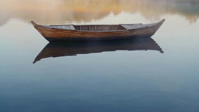 Wooden rowboat drifting across misty sunrise lake in tranquil sequence
