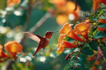 Obraz premium Summer garden moment: hummingbird hovering at trumpet vine flowers