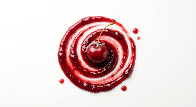 Distant shot of a cherry with stem on a thick textured red coulis smear