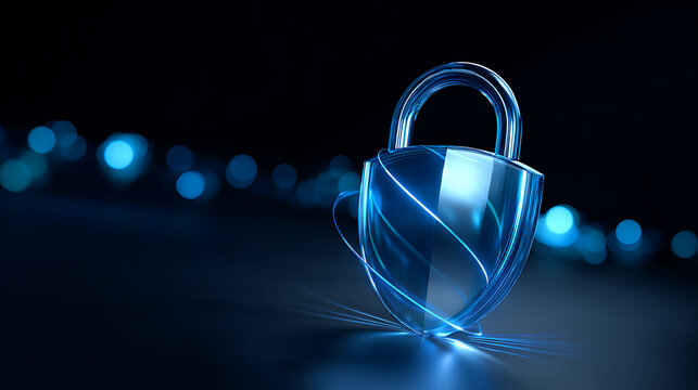 Digital guardian padlock shield with glowing blue lines, symbolizing cyber security, data protection, and network safety on a dark background