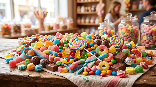 Colorful candies on a wooden table.