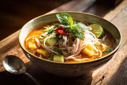 Tangy fish broth laksa with noodles, herbs and citrus in a rustic kitchen setting
