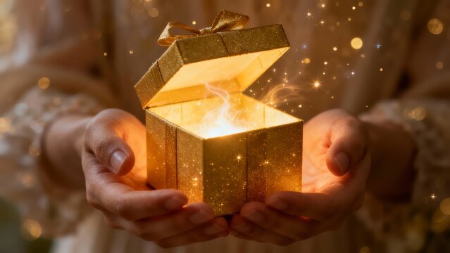 Close-up of hands holding an open golden gift box emitting magical glowing light and sparkling particles
