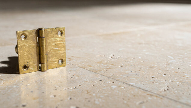 Close up of vintage brass door hinge standing on beige terrazzo stone surface