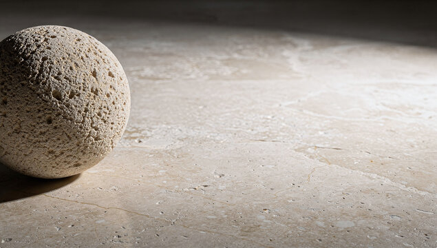 Close up of porous beige pumice stone sphere on polished travertine surface background