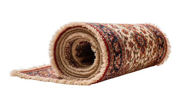 Rolled Persian rug with fringe and floral pattern