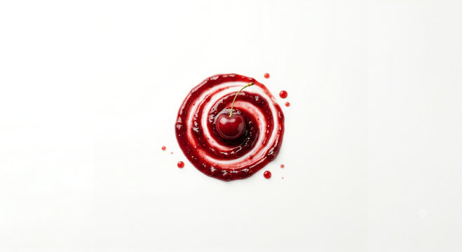 Distant shot of a cherry with stem on a thick textured red coulis smear