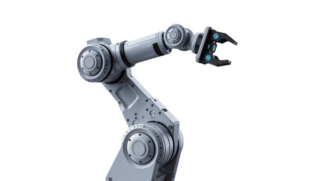 Industrial robotic arm with gripper and blue lights