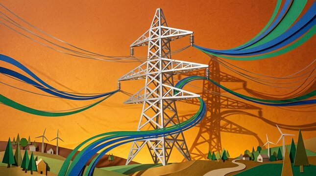 Papercraft Smart Grid Transmission Tower with Energy Flow