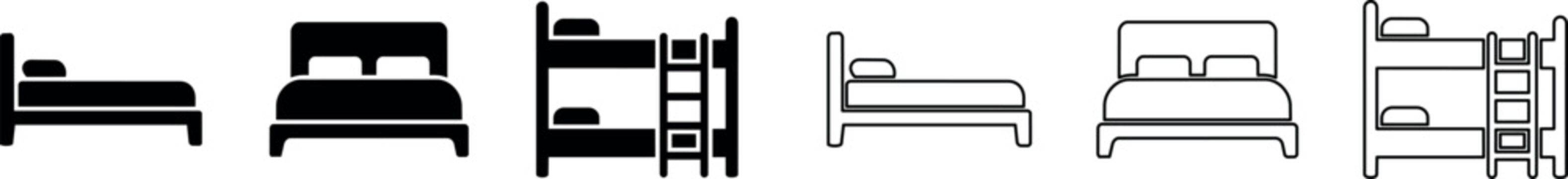 Set of single bed, double bed, and bunk bed icons in filled and outline styles