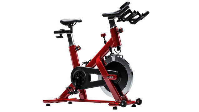 Red stationary exercise bike with black seat and handlebars
