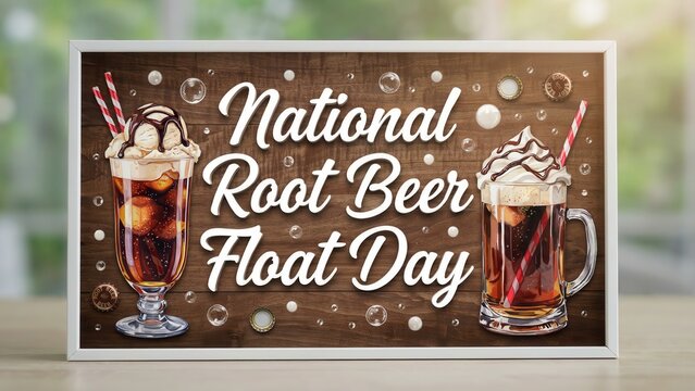 National Root Beer Float Day poster with illustrated dessert drinks on wood background