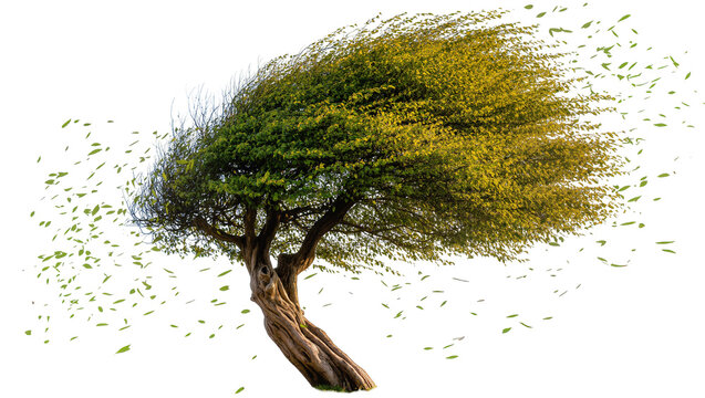 Windy tree with leaves blowing off