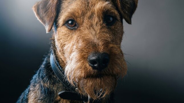 Close-up portrait of a charming Airedale Terrier dog with a focused gaze and detailed fur.